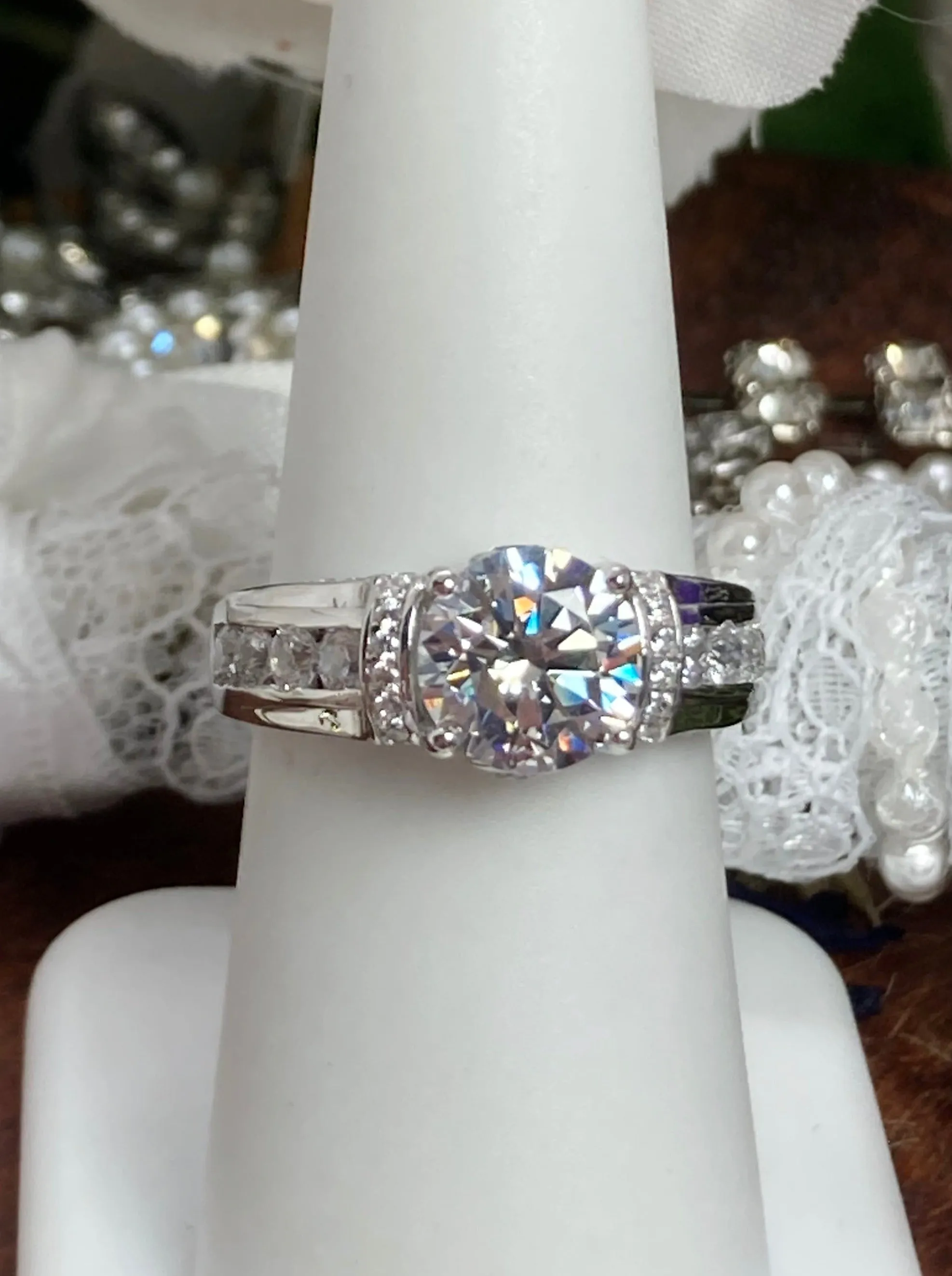 White CZ Ring, faux Diamond and White CZ Inlay Gems, Art Deco Jewelry #D220