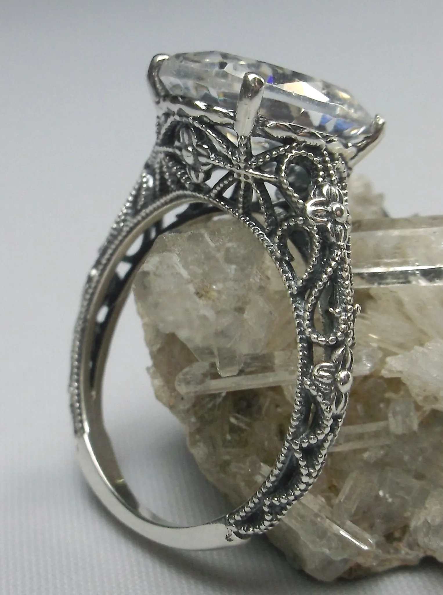 White CZ Ring, Medieval Floral Filigree, Oval CZ Gem, Vintage Jewelry, D173