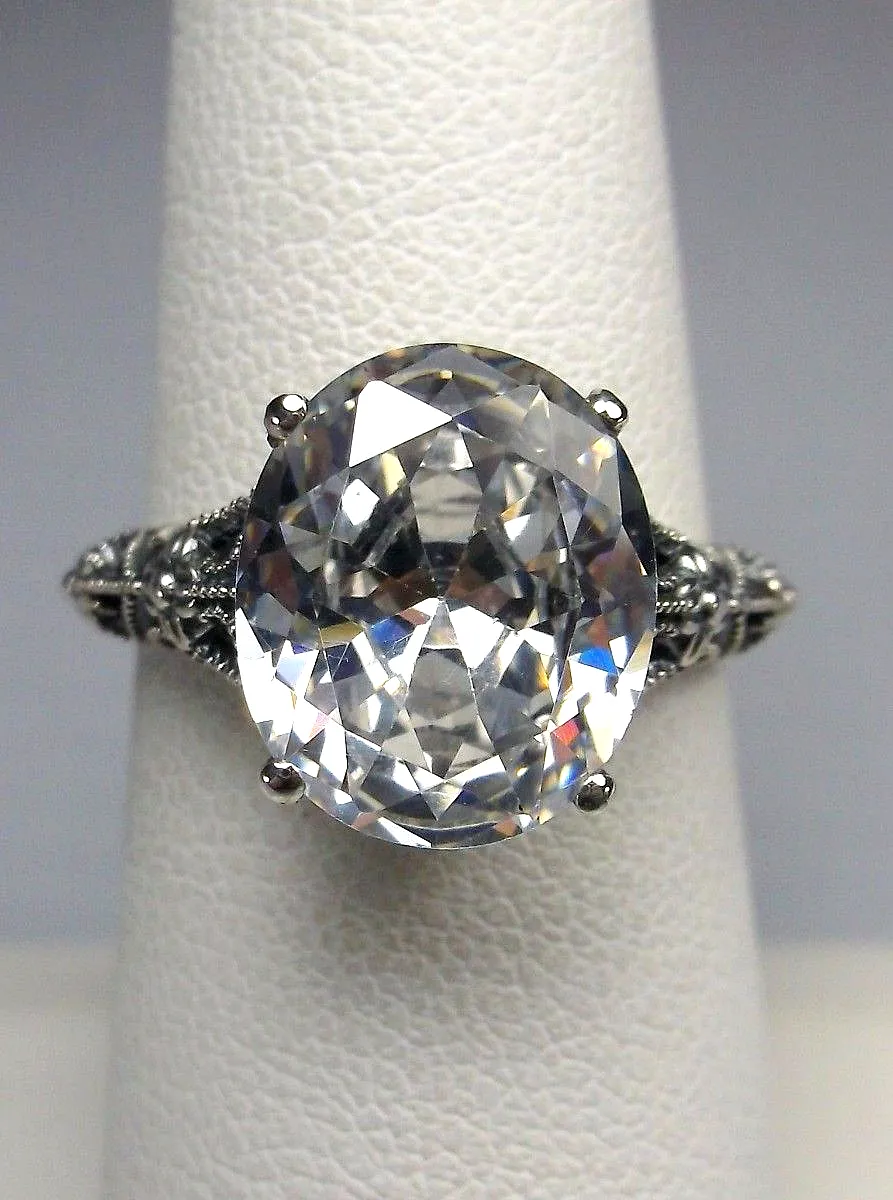 White CZ Ring, Medieval Floral Filigree, Oval CZ Gem, Vintage Jewelry, D173