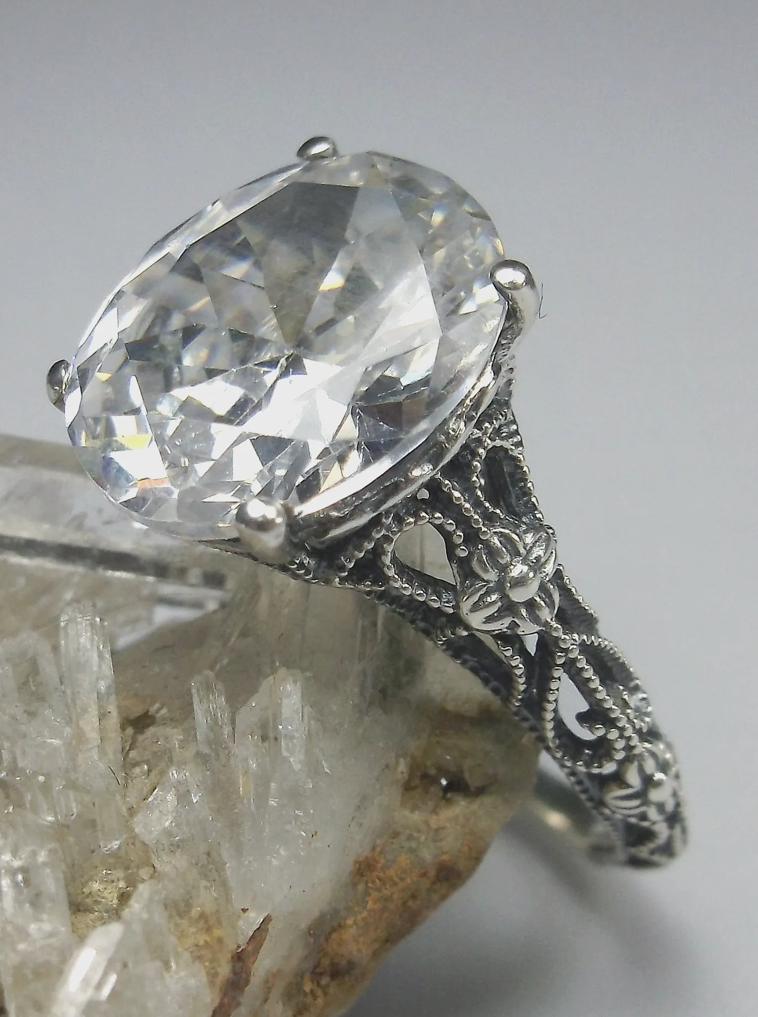White CZ Ring, Medieval Floral Filigree, Oval CZ Gem, Vintage Jewelry, D173