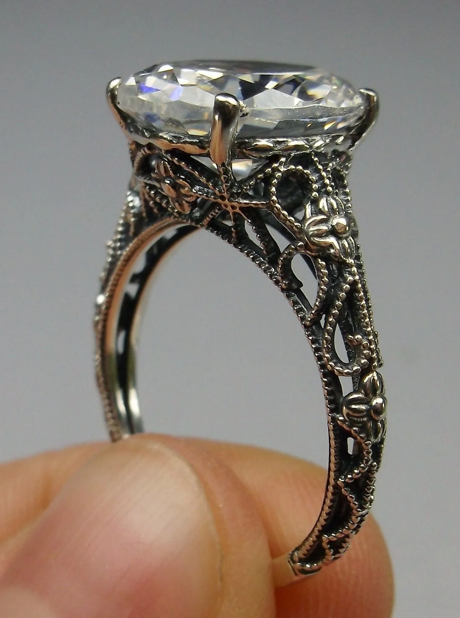White CZ Ring, Medieval Floral Filigree, Oval CZ Gem, Vintage Jewelry, D173