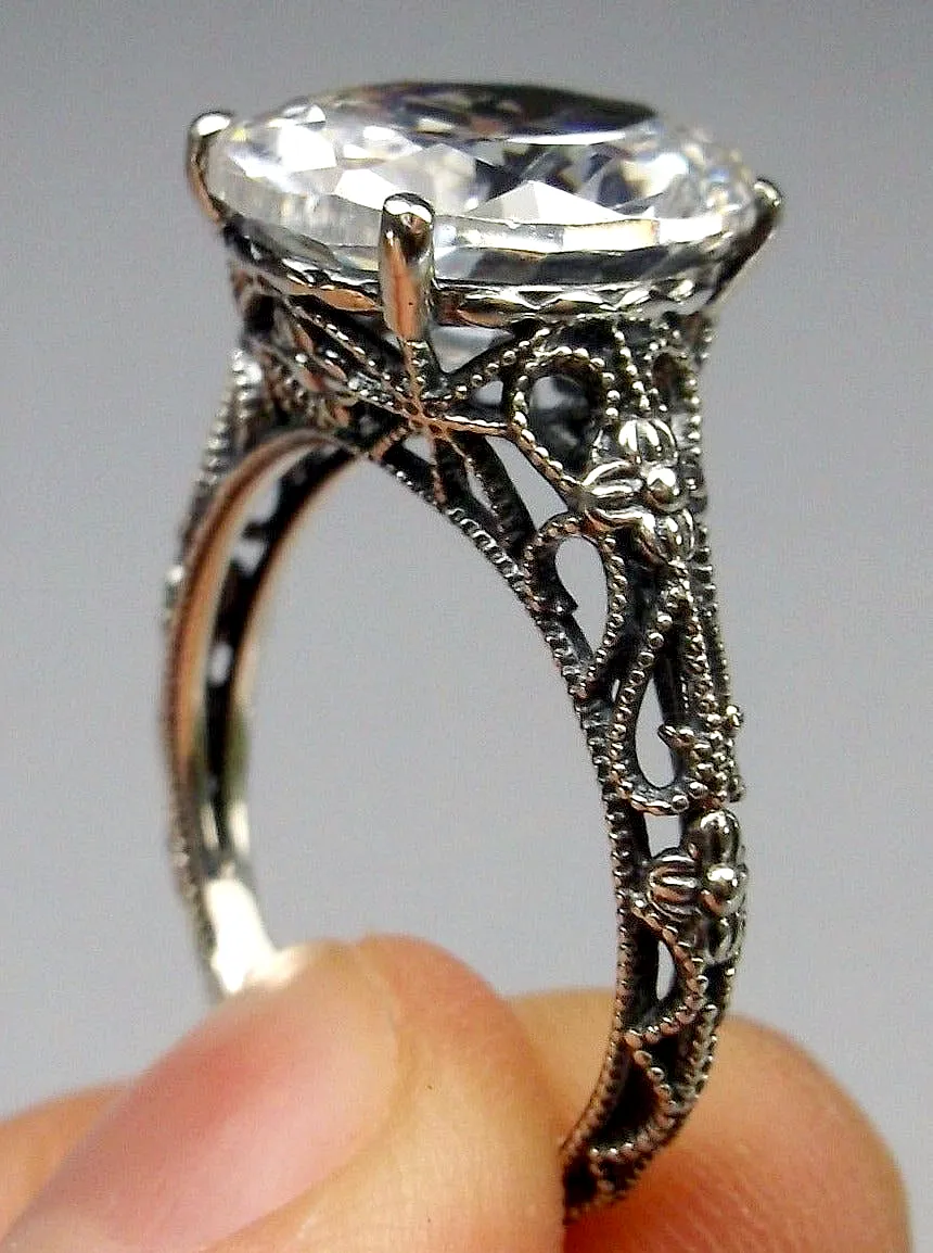 White CZ Ring, Medieval Floral Filigree, Oval CZ Gem, Vintage Jewelry, D173