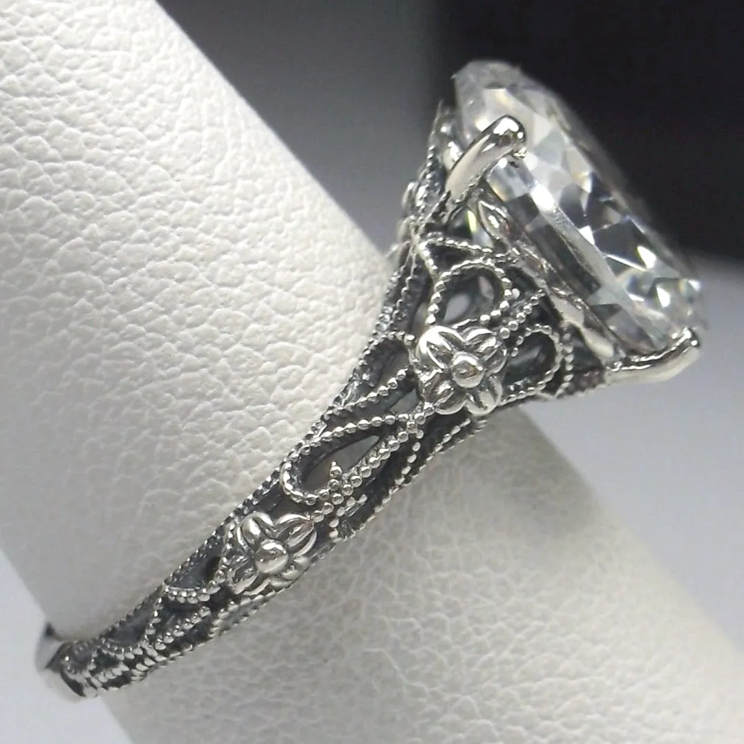 White CZ Ring, Medieval Floral Filigree, Oval CZ Gem, Vintage Jewelry, D173