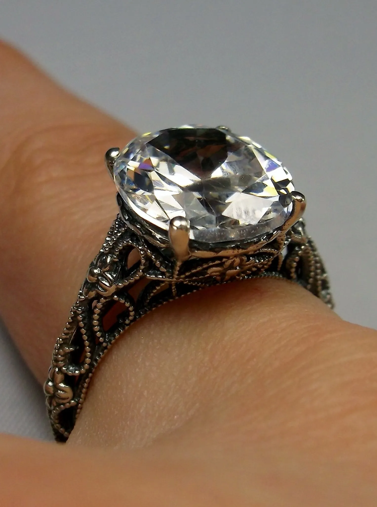 White CZ Ring, Medieval Floral Filigree, Oval CZ Gem, Vintage Jewelry, D173
