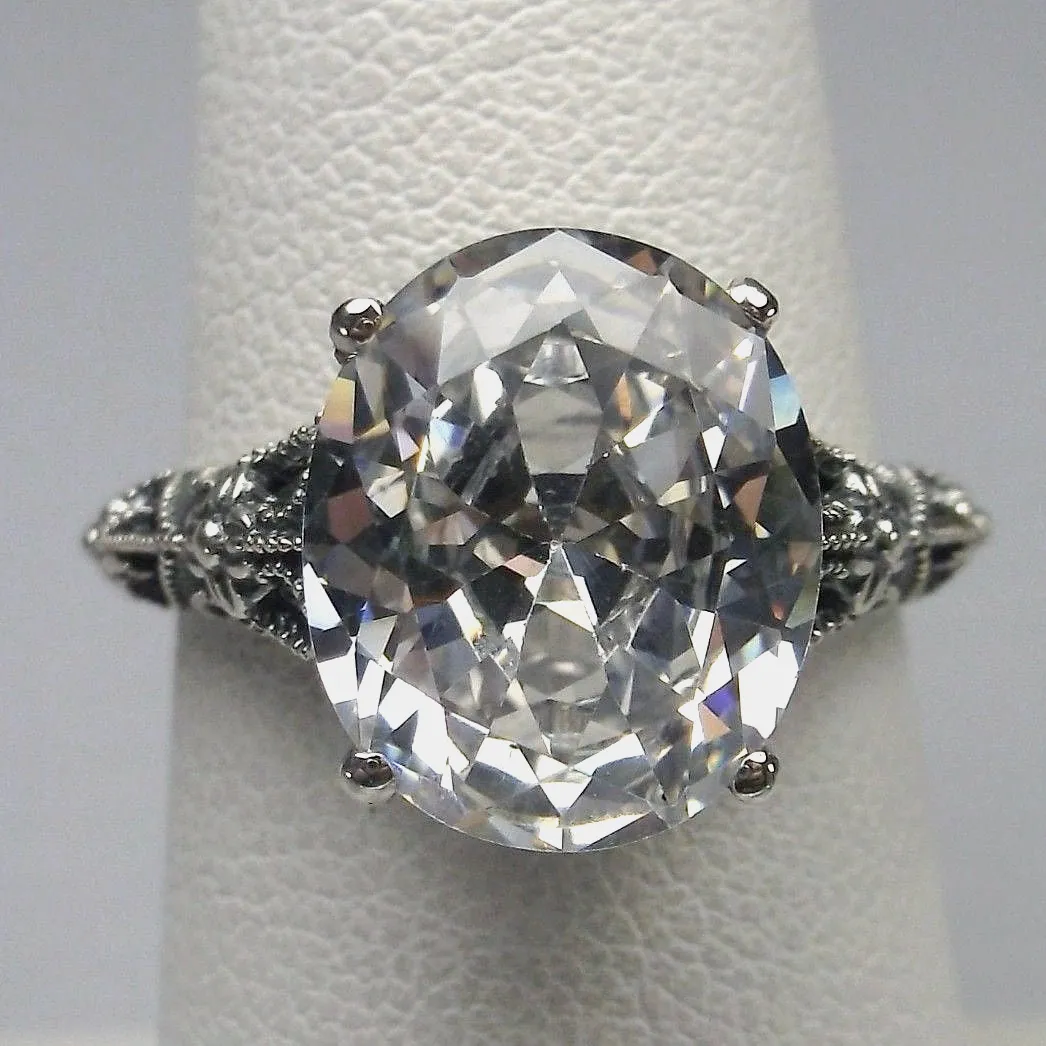 White CZ Ring, Medieval Floral Filigree, Oval CZ Gem, Vintage Jewelry, D173
