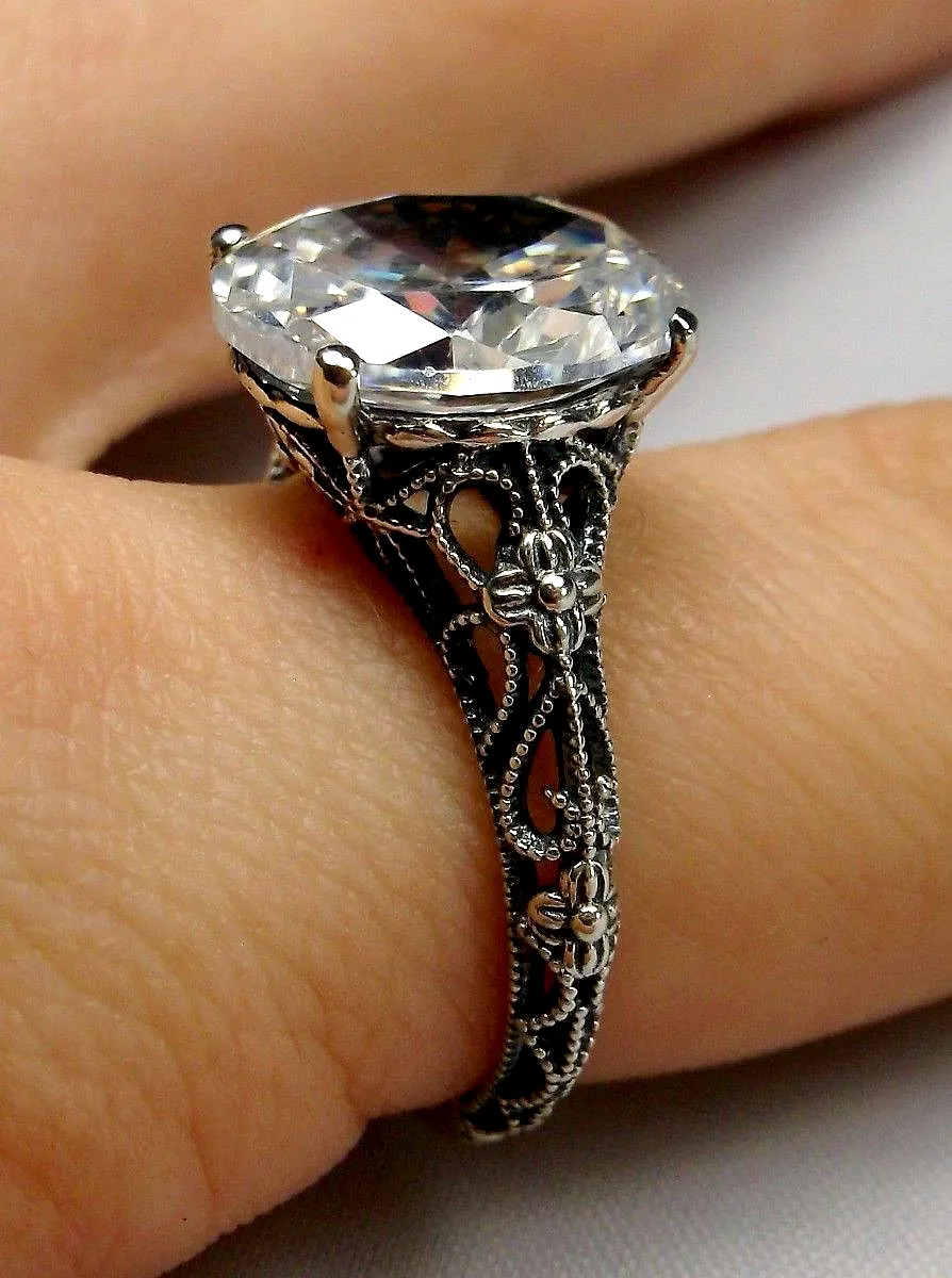 White CZ Ring, Medieval Floral Filigree, Oval CZ Gem, Vintage Jewelry, D173