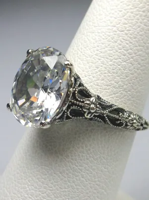 White CZ Ring, Medieval Floral Filigree, Oval CZ Gem, Vintage Jewelry, D173