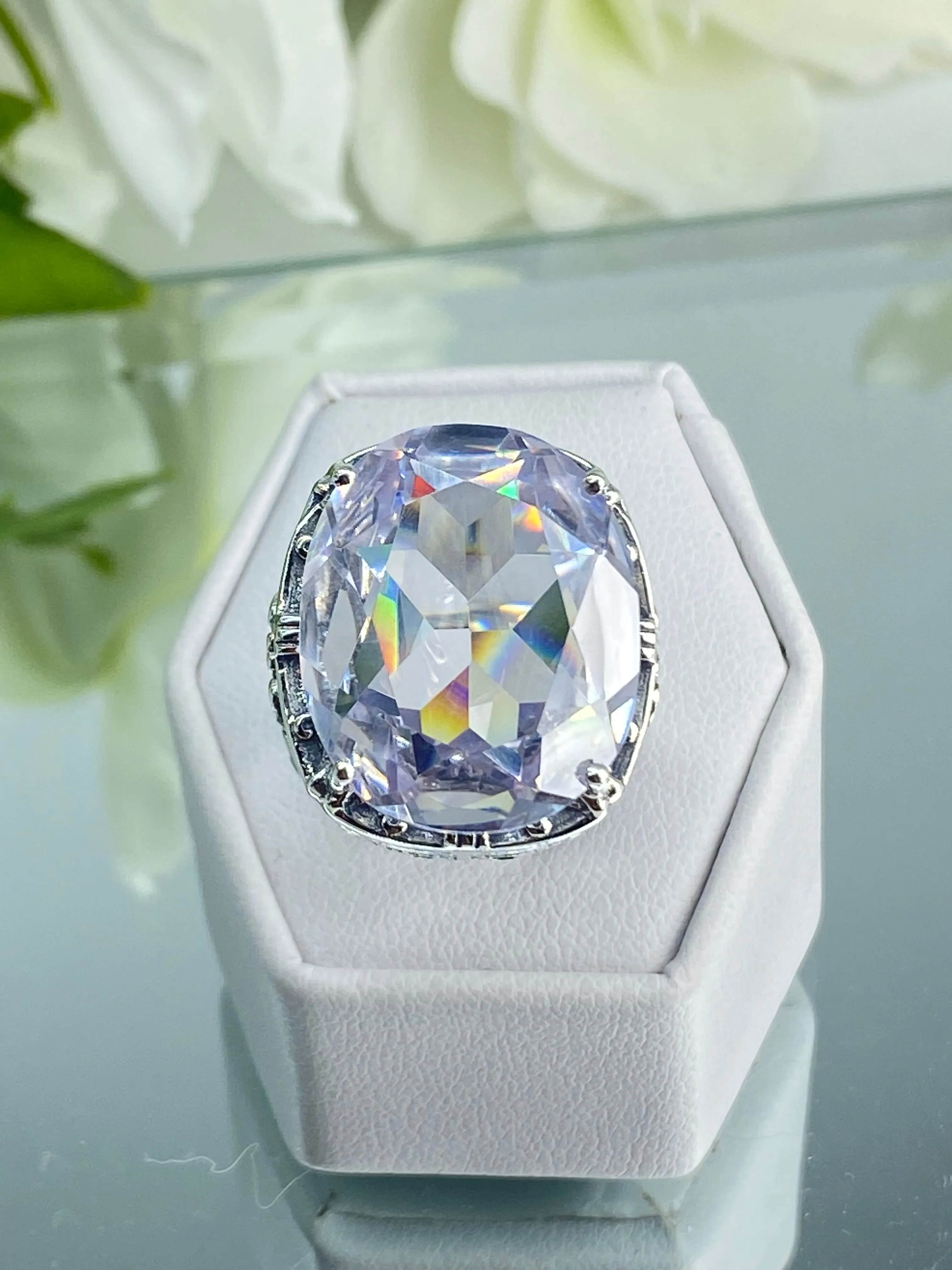 White CZ Ring, Size 7, 24ct Oval Cut Gem, Victorian Jewelry, D76 - Ready to Ship
