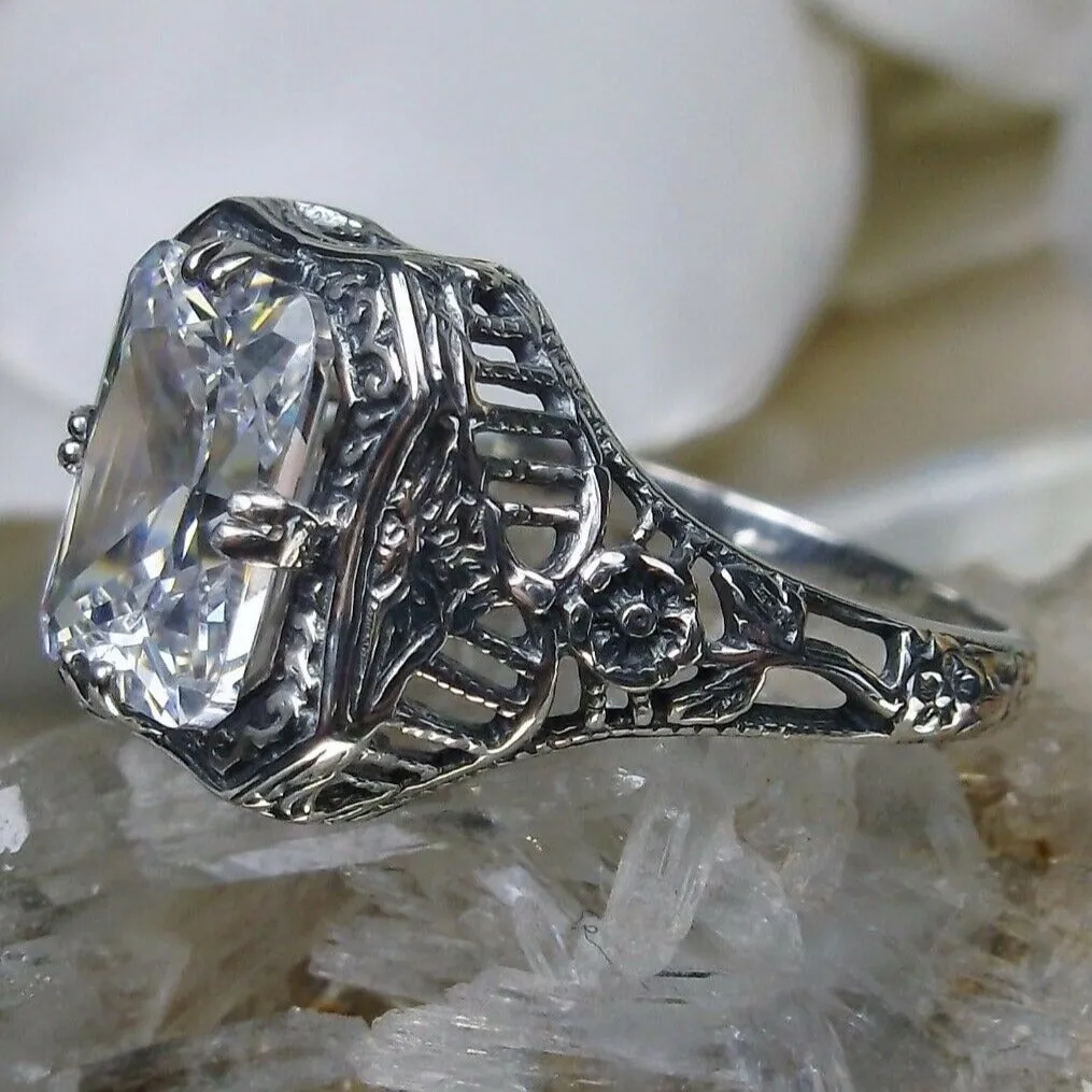 White CZ Ring, Size 7, Lovely Rectangle Edwardian Style Jewelry #D148 - Ready to Ship