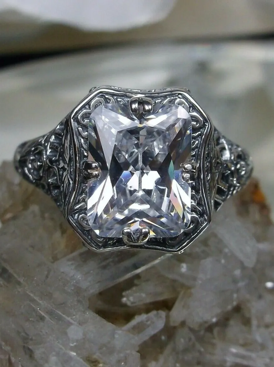 White CZ Ring, Size 7, Lovely Rectangle Edwardian Style Jewelry #D148 - Ready to Ship