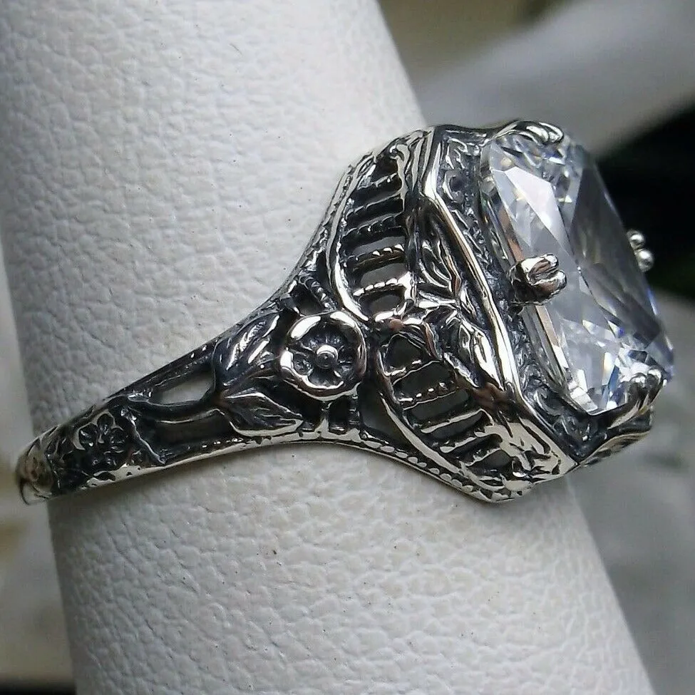 White CZ Ring, Size 7, Lovely Rectangle Edwardian Style Jewelry #D148 - Ready to Ship