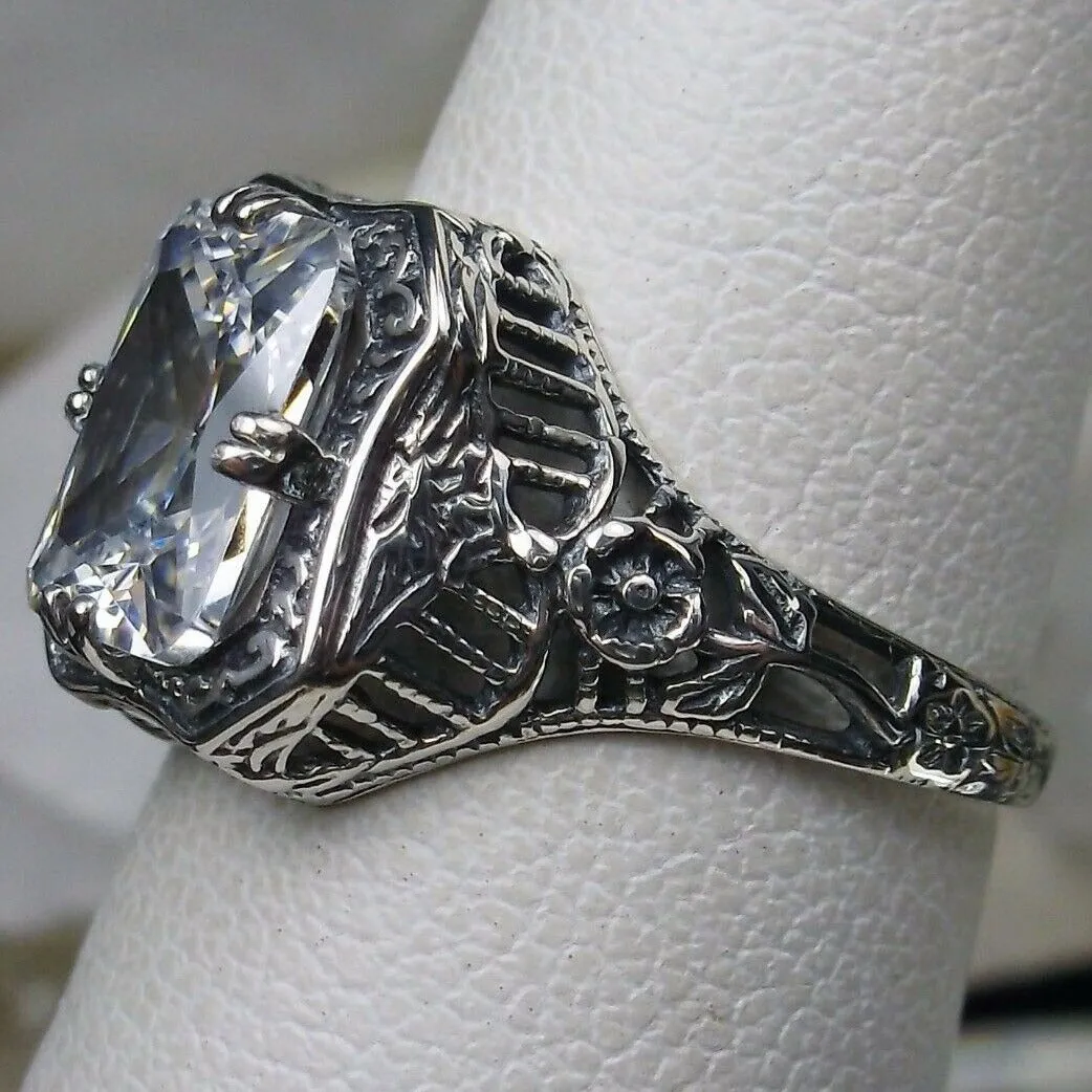 White CZ Ring, Size 7, Lovely Rectangle Edwardian Style Jewelry #D148 - Ready to Ship