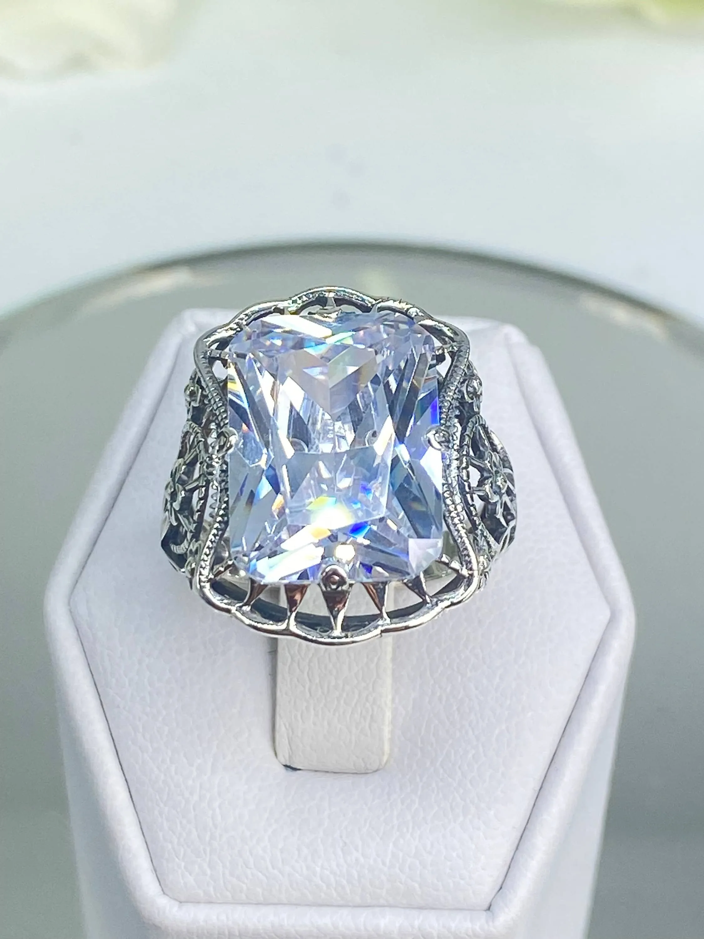 White CZ Ring, Size 8, 9ct Cushion Cut White CZ, Victorian Floral Filigree, D147 - Ready to Ship