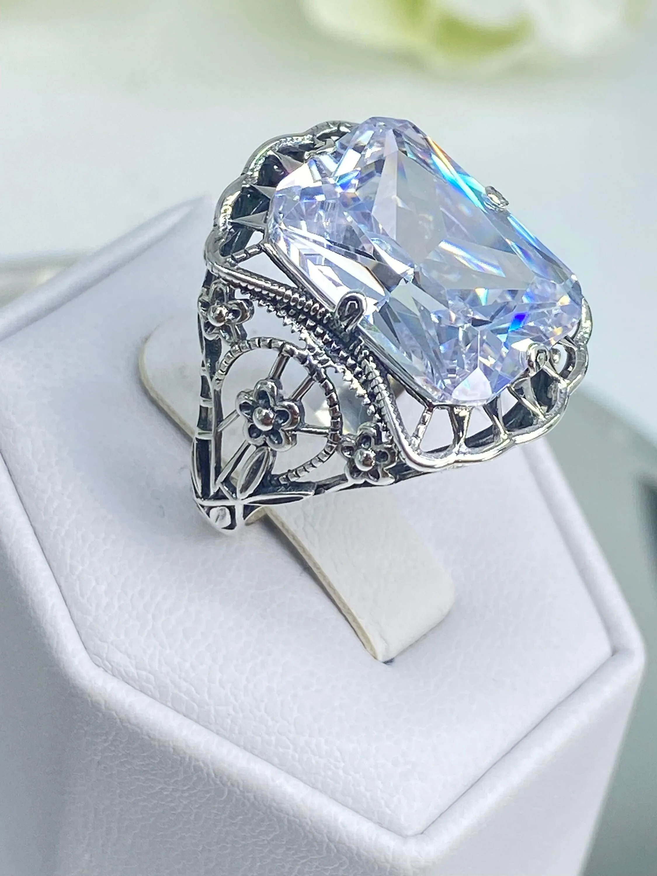 White CZ Ring, Size 8, 9ct Cushion Cut White CZ, Victorian Floral Filigree, D147 - Ready to Ship