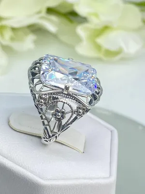 White CZ Ring, Size 8, 9ct Cushion Cut White CZ, Victorian Floral Filigree, D147 - Ready to Ship