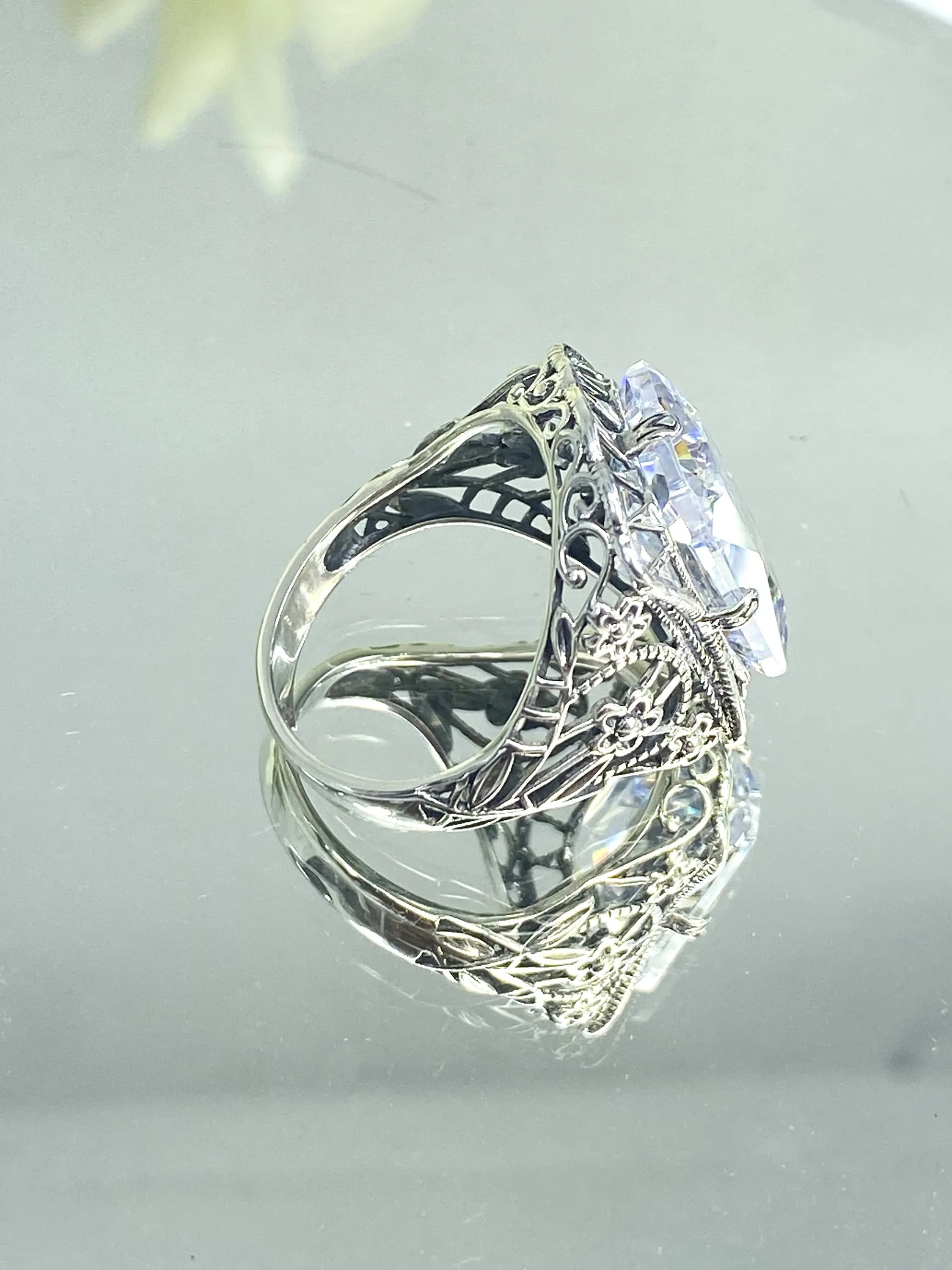 White CZ Ring, Size 8, 9ct Cushion Cut White CZ, Victorian Floral Filigree, D147 - Ready to Ship