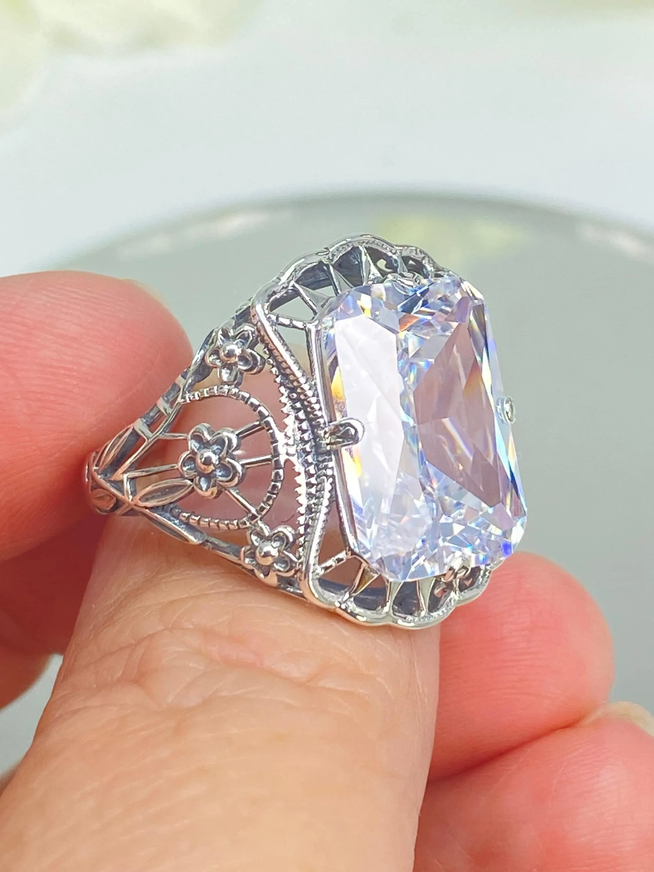 White CZ Ring, Size 8, 9ct Cushion Cut White CZ, Victorian Floral Filigree, D147 - Ready to Ship