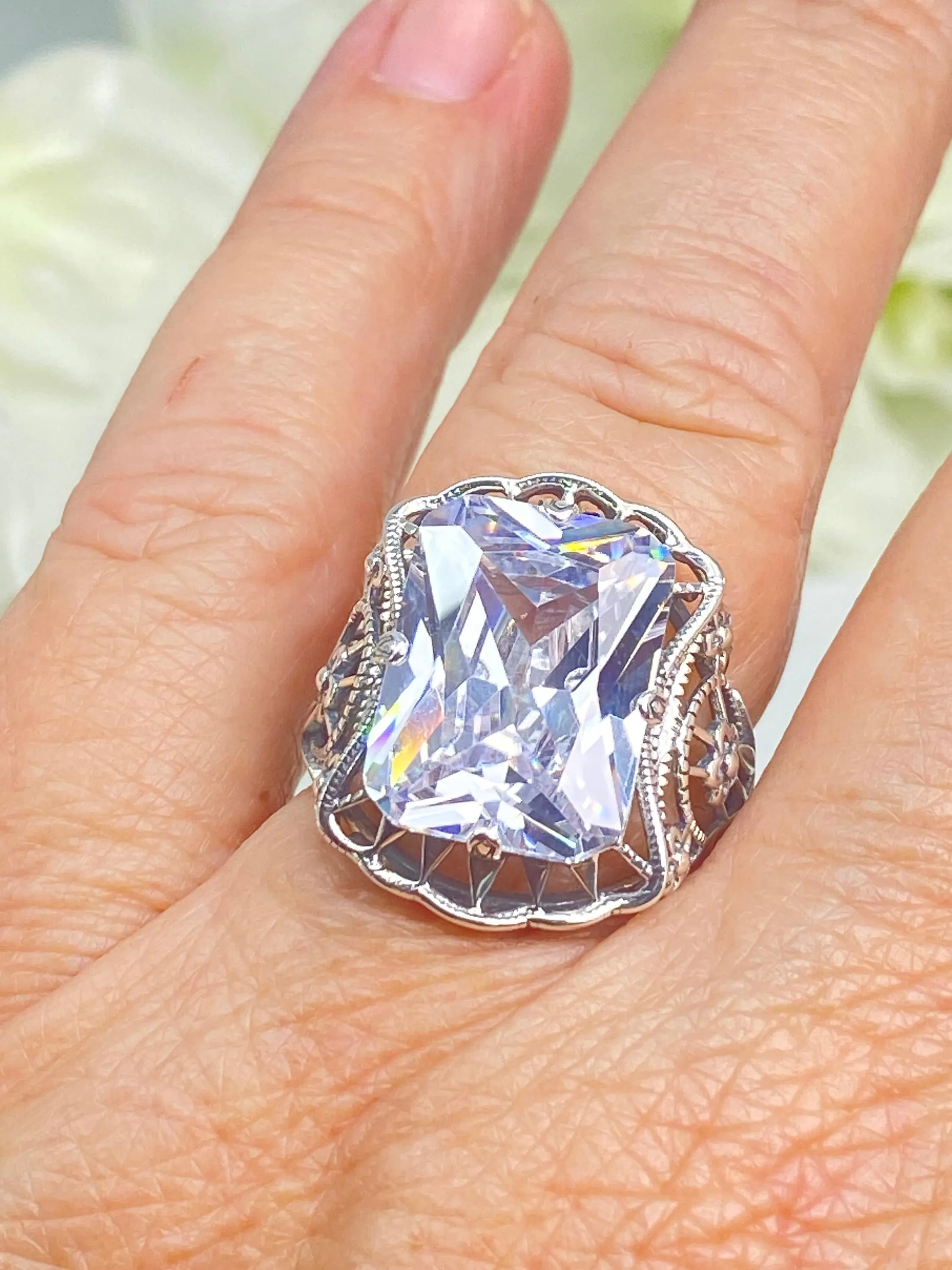 White CZ Ring, Size 8, 9ct Cushion Cut White CZ, Victorian Floral Filigree, D147 - Ready to Ship