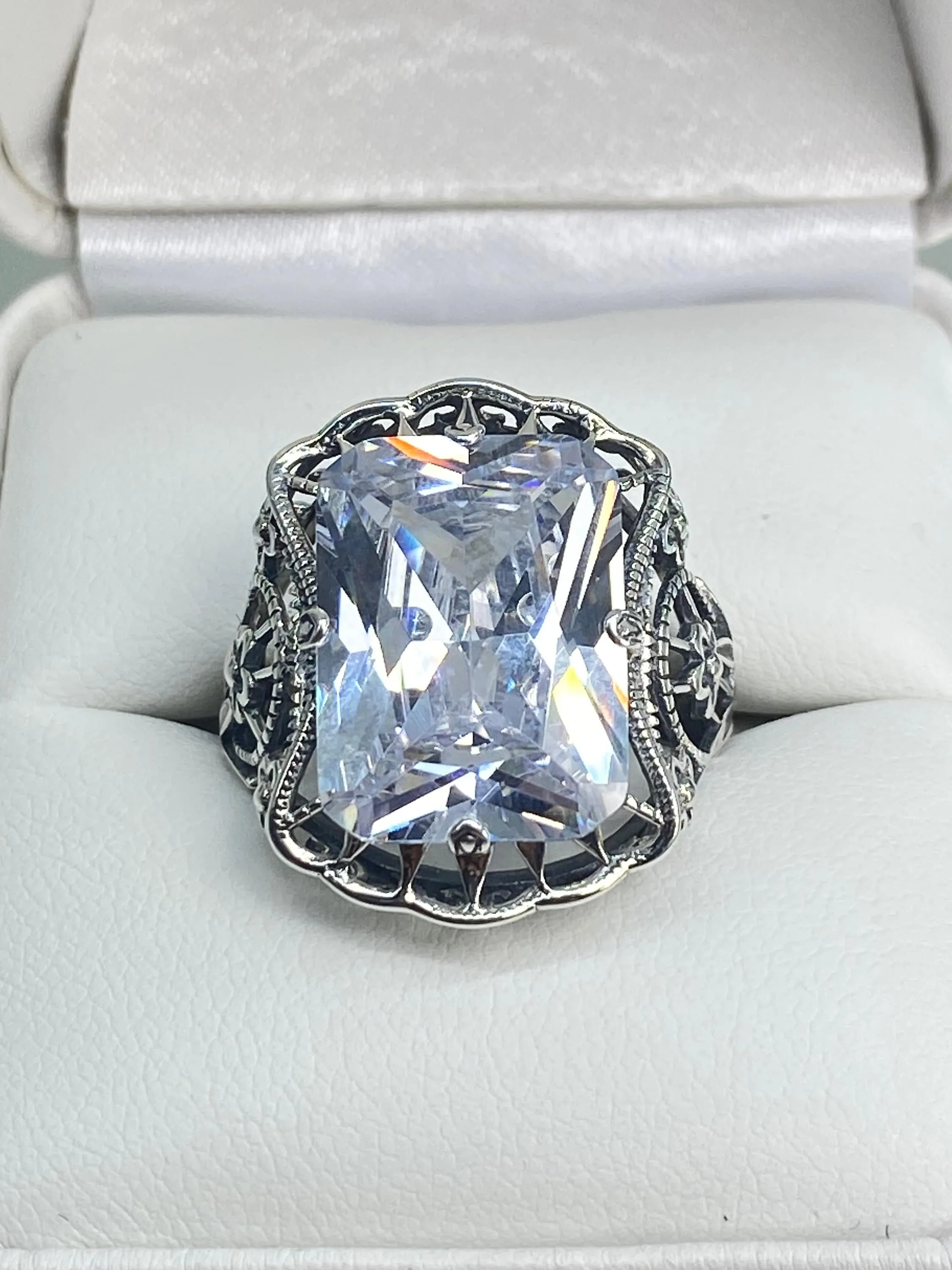 White CZ Ring, Size 8, 9ct Cushion Cut White CZ, Victorian Floral Filigree, D147 - Ready to Ship