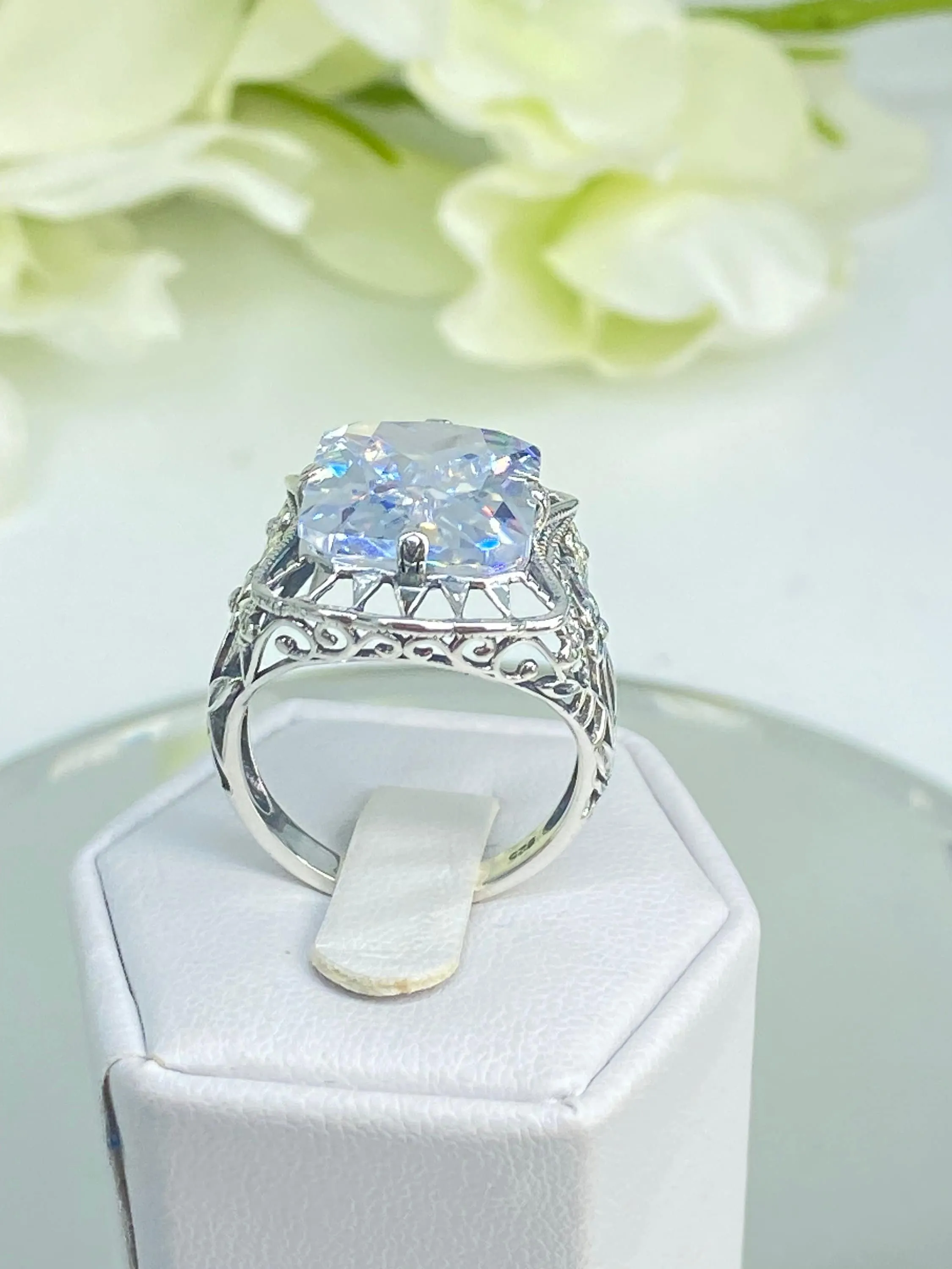 White CZ Ring, Size 8, 9ct Cushion Cut White CZ, Victorian Floral Filigree, D147 - Ready to Ship