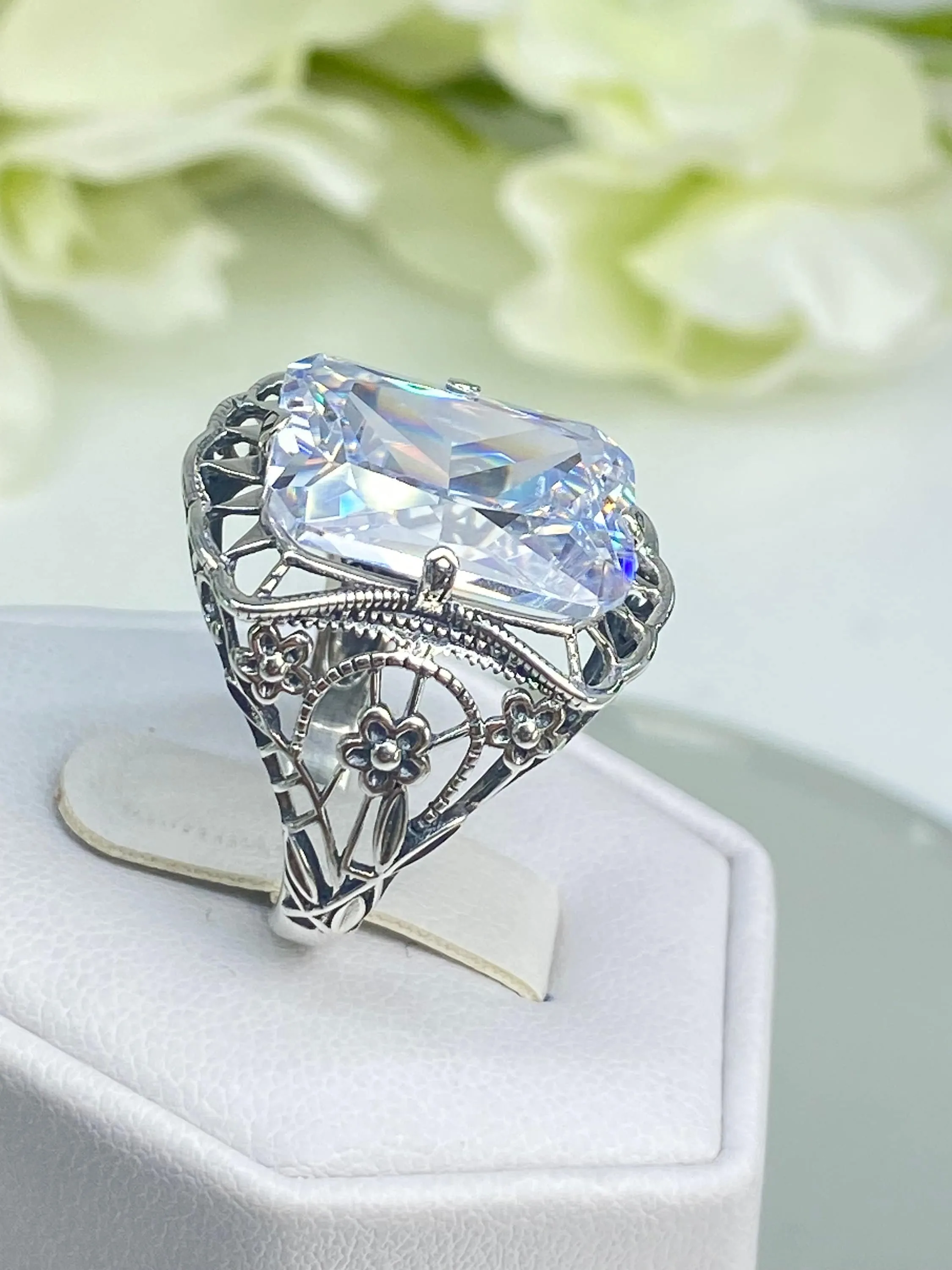 White CZ Ring, Size 8, 9ct Cushion Cut White CZ, Victorian Floral Filigree, D147 - Ready to Ship
