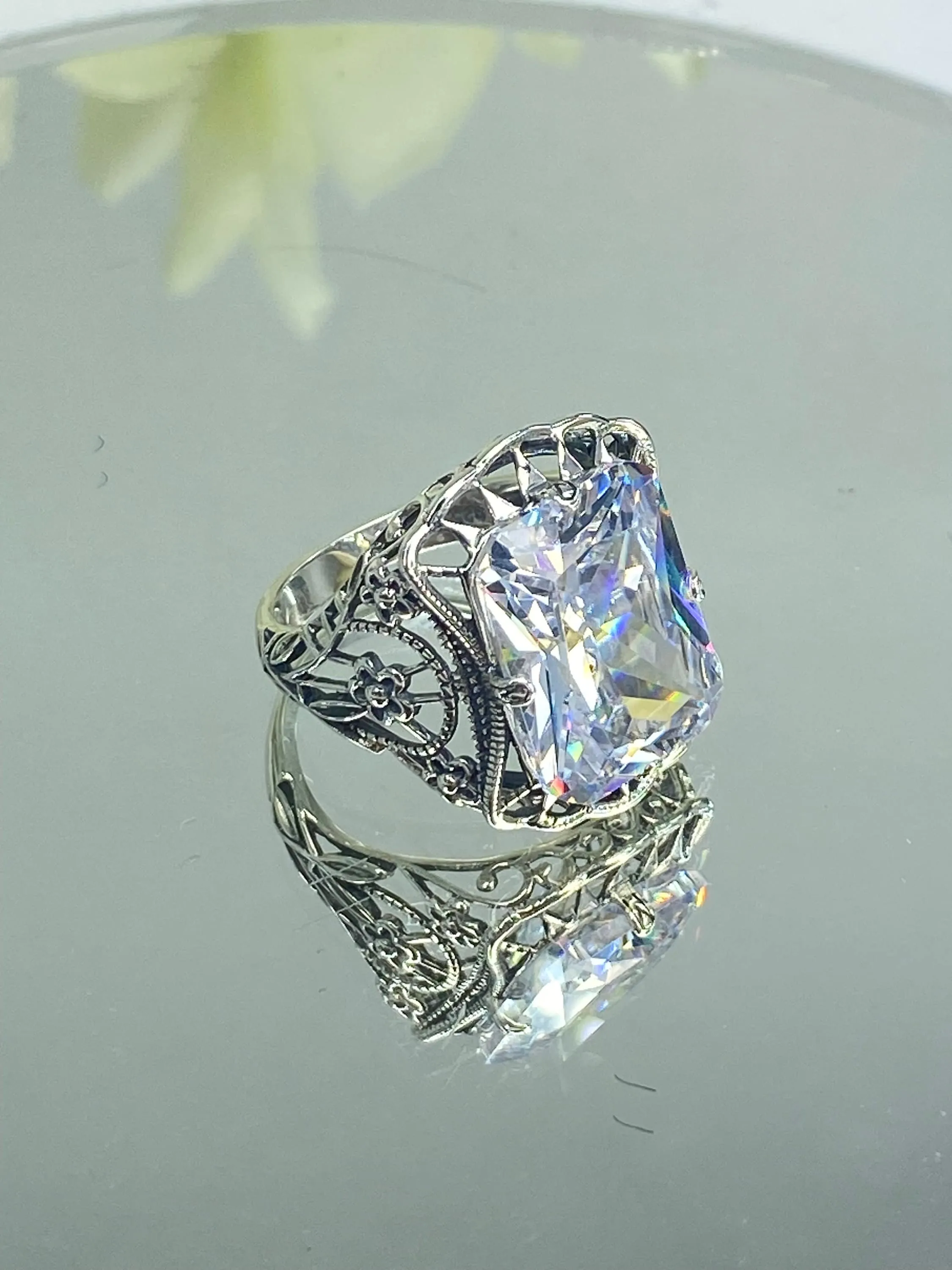White CZ Ring, Size 8, 9ct Cushion Cut White CZ, Victorian Floral Filigree, D147 - Ready to Ship