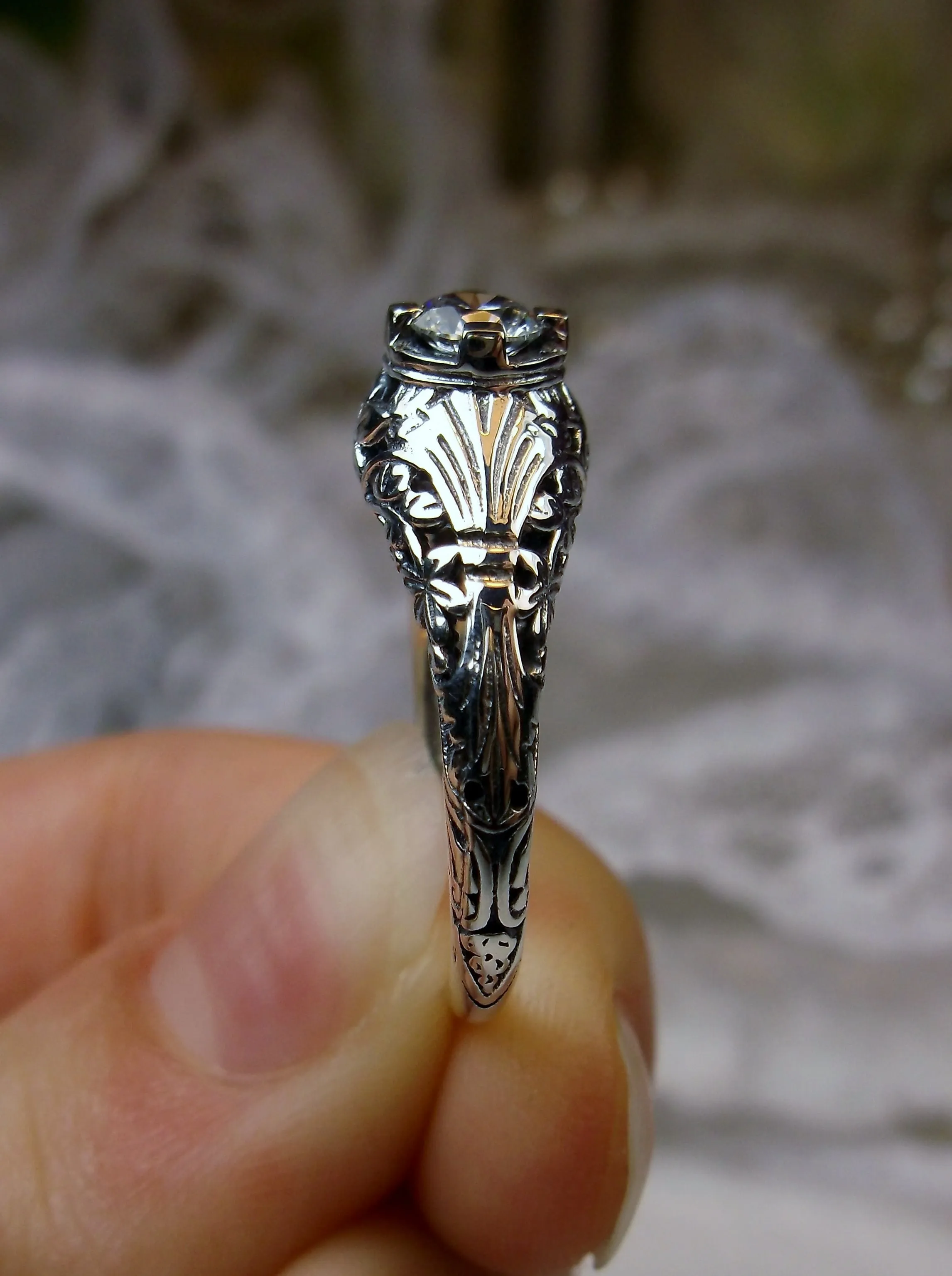 White Faux Diamond Ring, Floral Wedding Silver Filigree, Edwardian Jewelry #D154