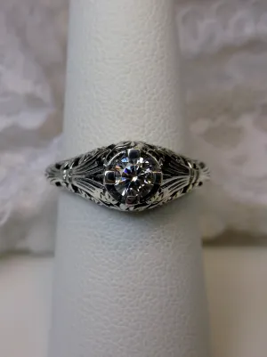 White Faux Diamond Ring, Floral Wedding Silver Filigree, Edwardian Jewelry #D154