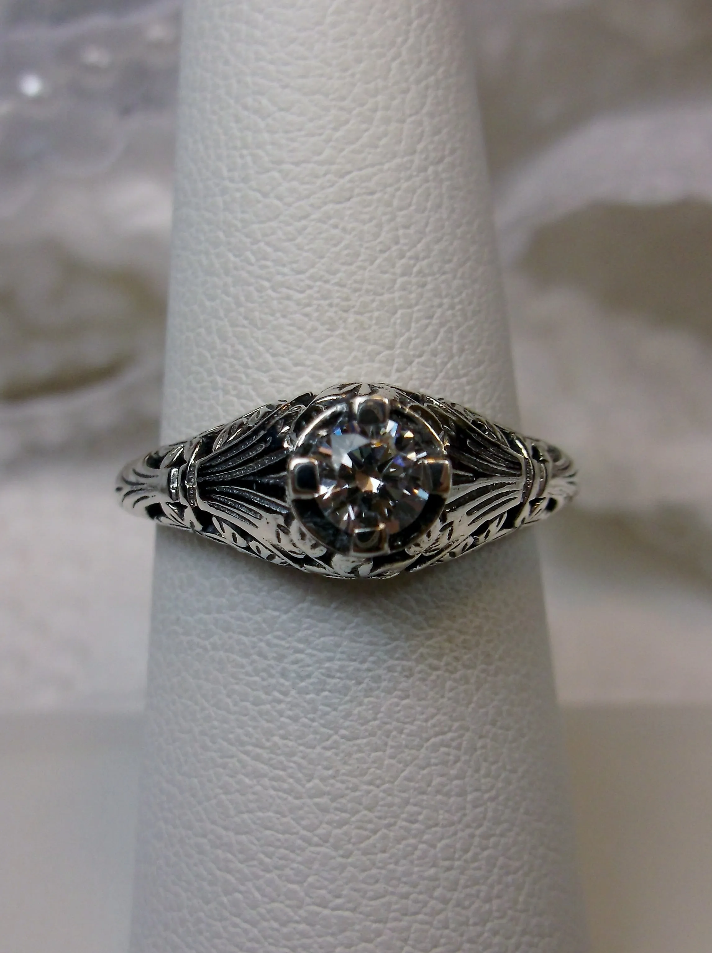 White Faux Diamond Ring, Floral Wedding Silver Filigree, Edwardian Jewelry #D154