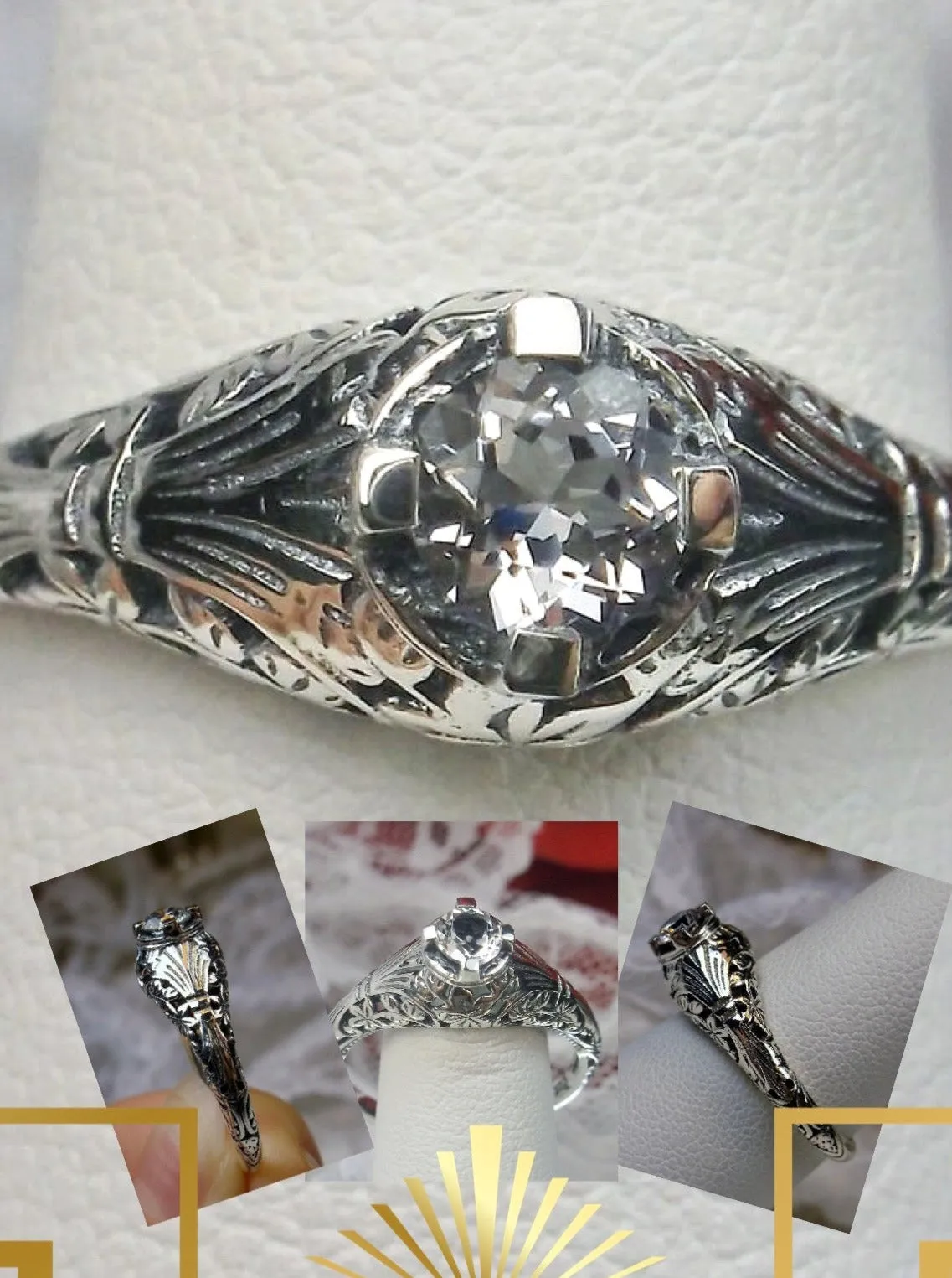 White Faux Diamond Ring, Floral Wedding Silver Filigree, Edwardian Jewelry #D154