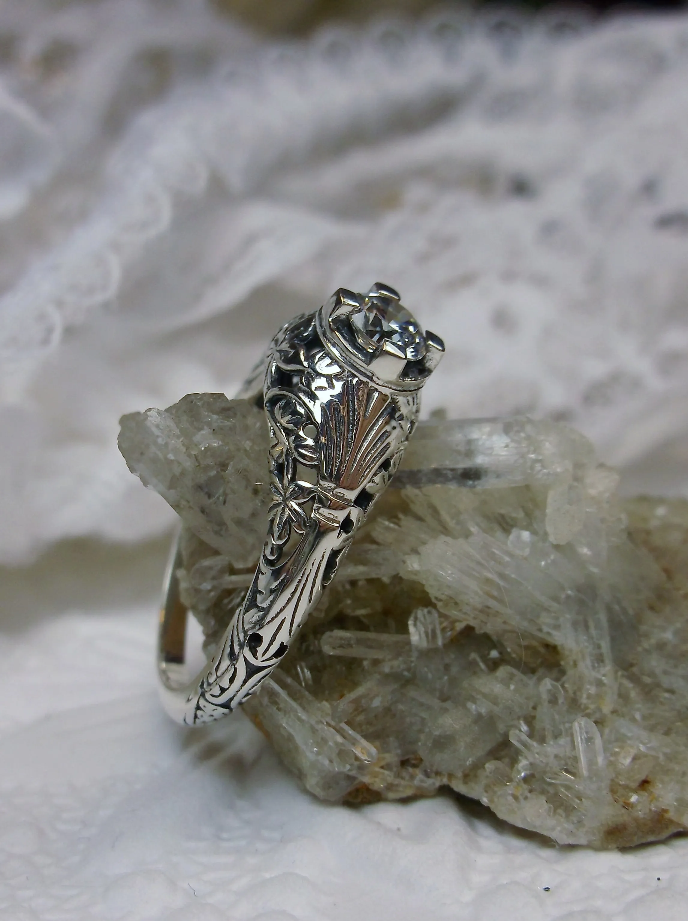 White Faux Diamond Ring, Floral Wedding Silver Filigree, Edwardian Jewelry #D154