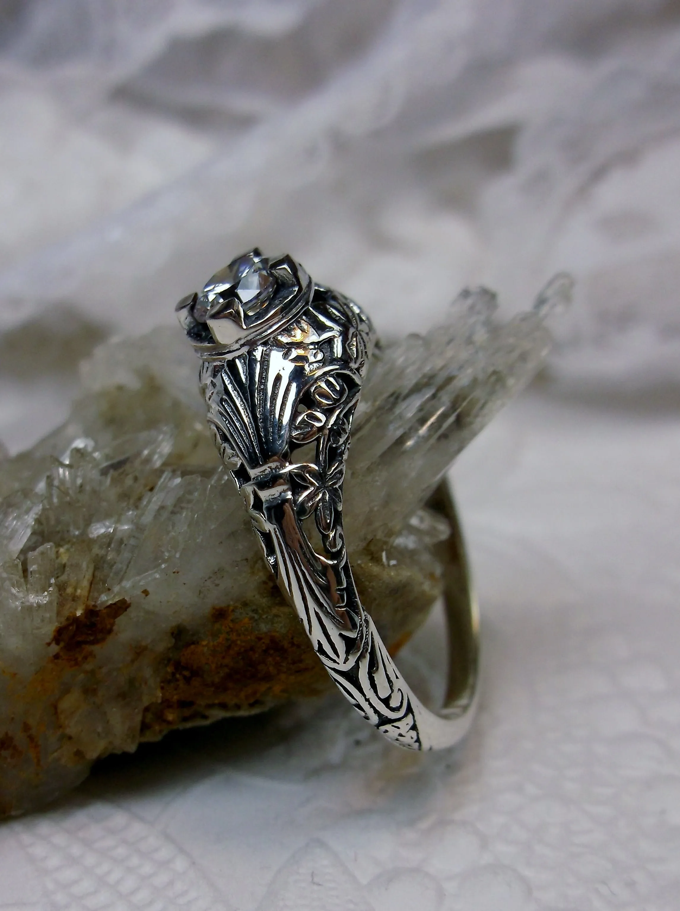White Faux Diamond Ring, Floral Wedding Silver Filigree, Edwardian Jewelry #D154