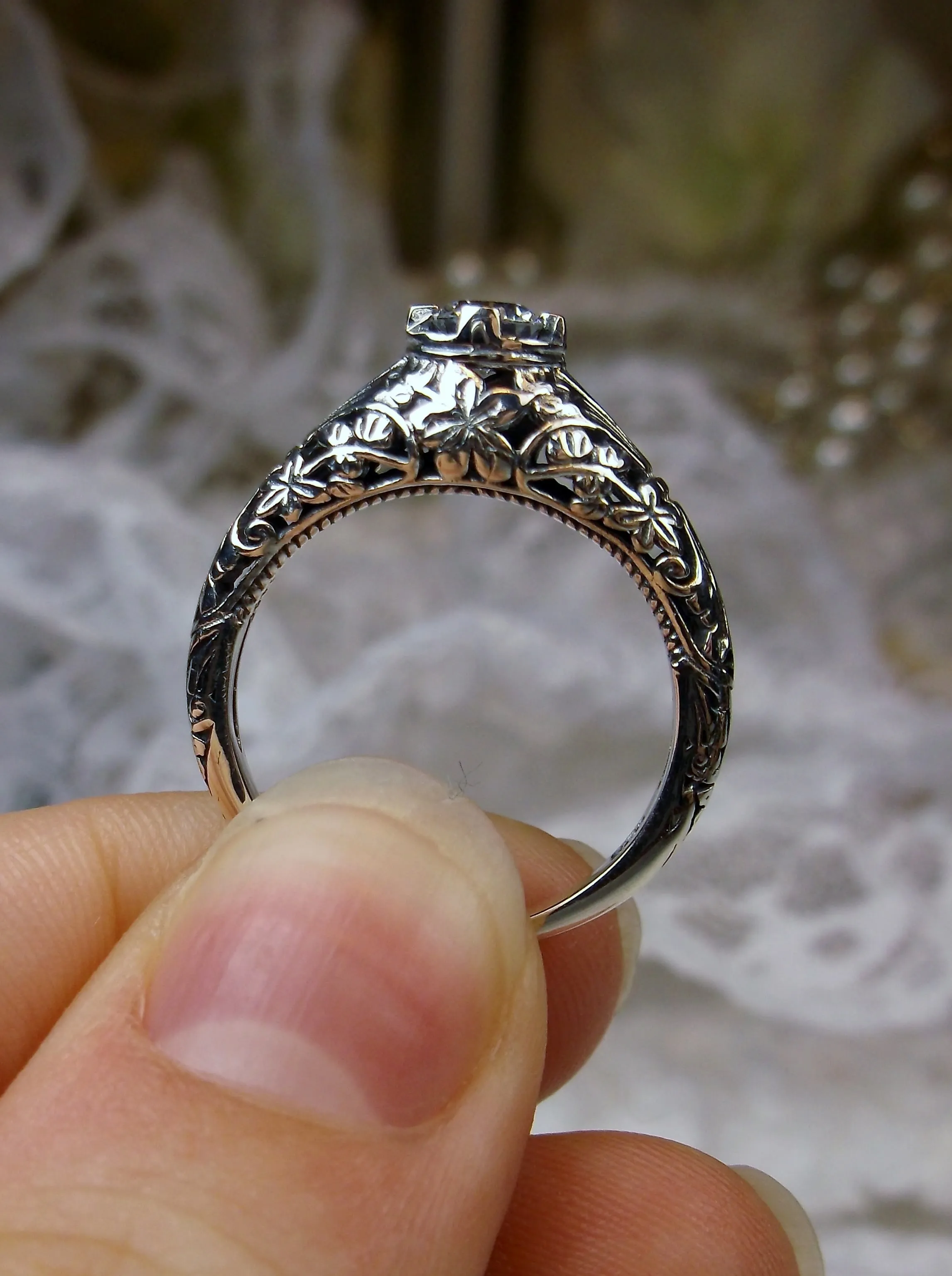 White Faux Diamond Ring, Floral Wedding Silver Filigree, Edwardian Jewelry #D154