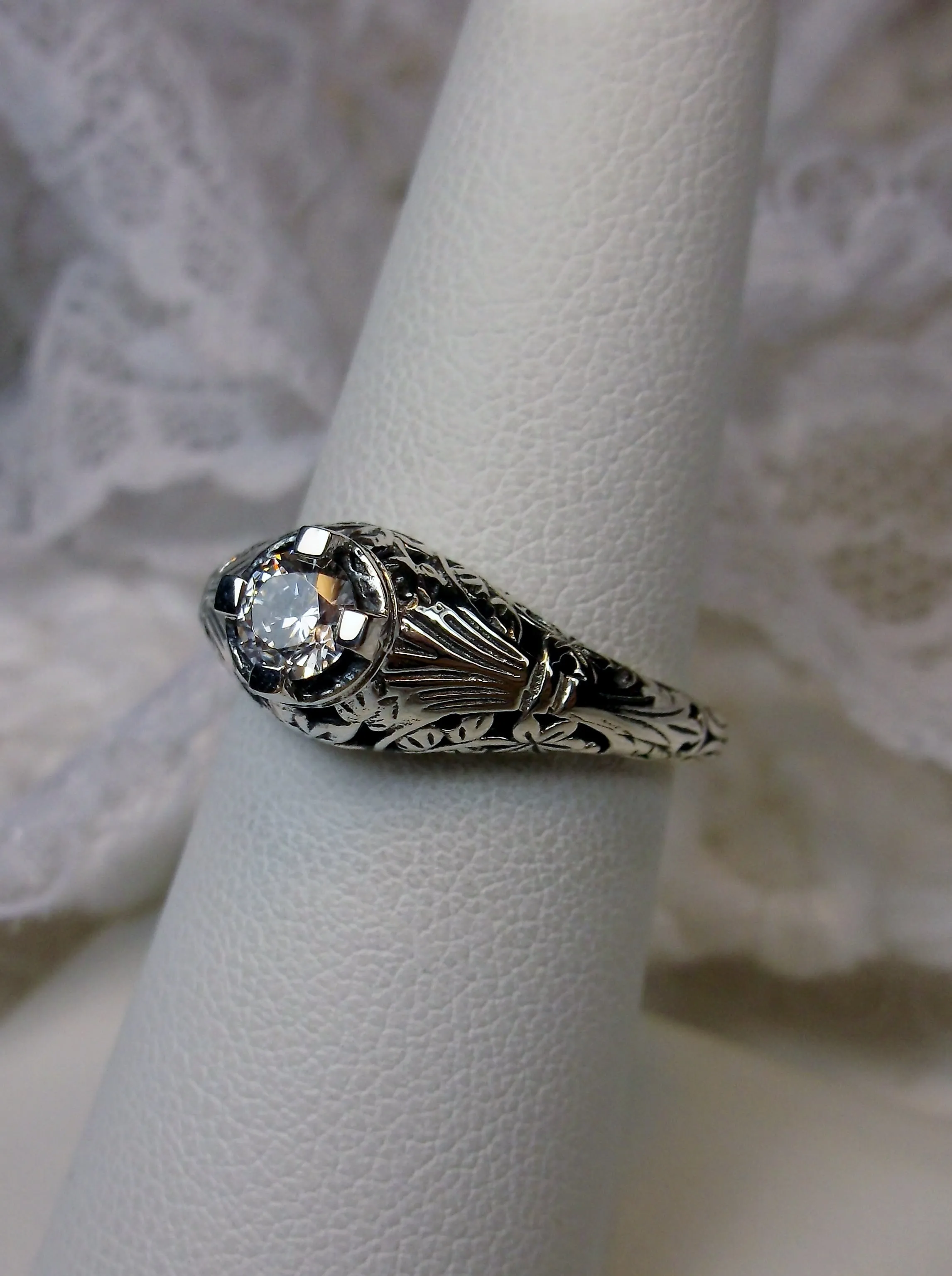 White Faux Diamond Ring, Floral Wedding Silver Filigree, Edwardian Jewelry #D154