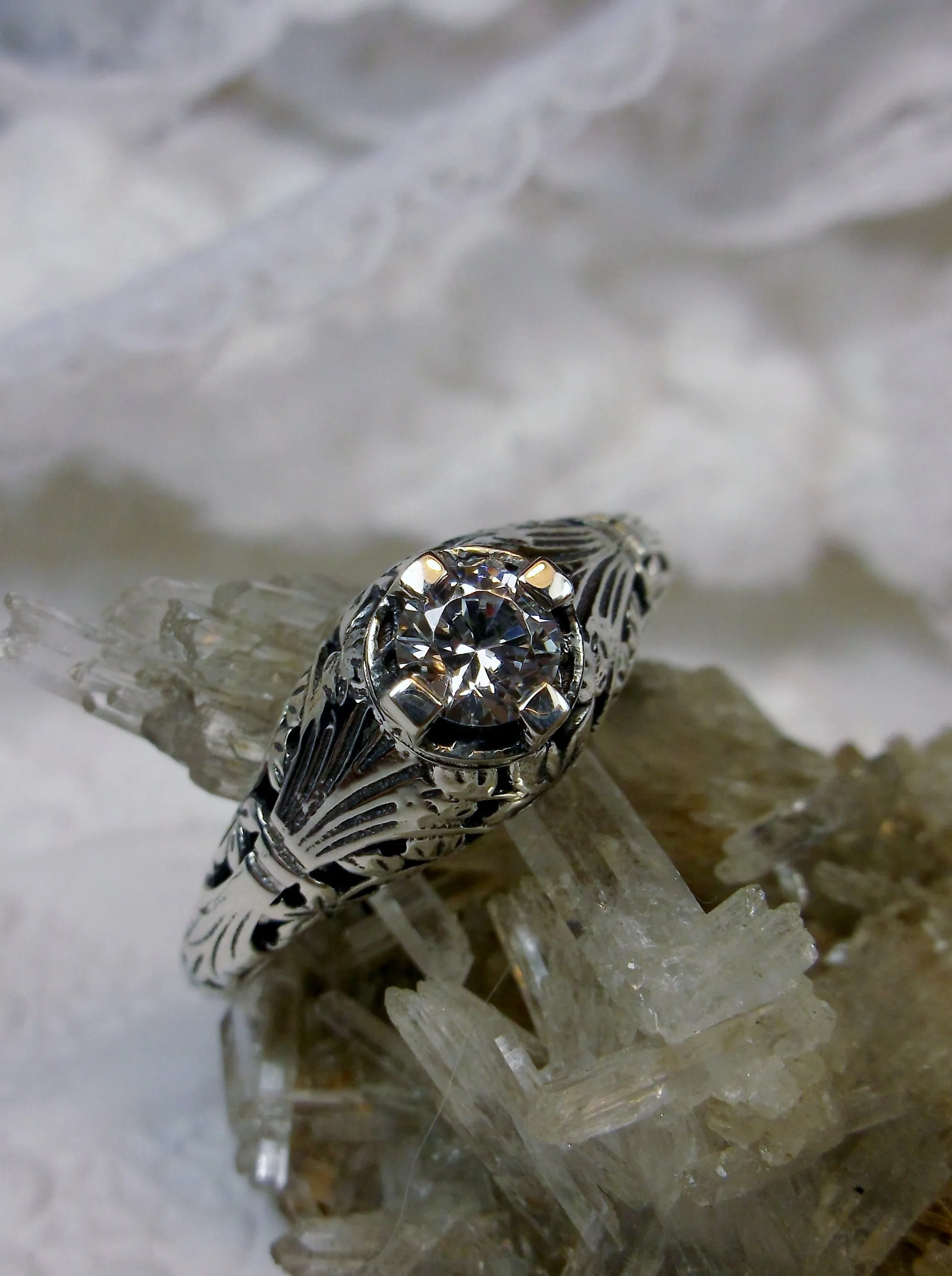 White Faux Diamond Ring, Floral Wedding Silver Filigree, Edwardian Jewelry #D154
