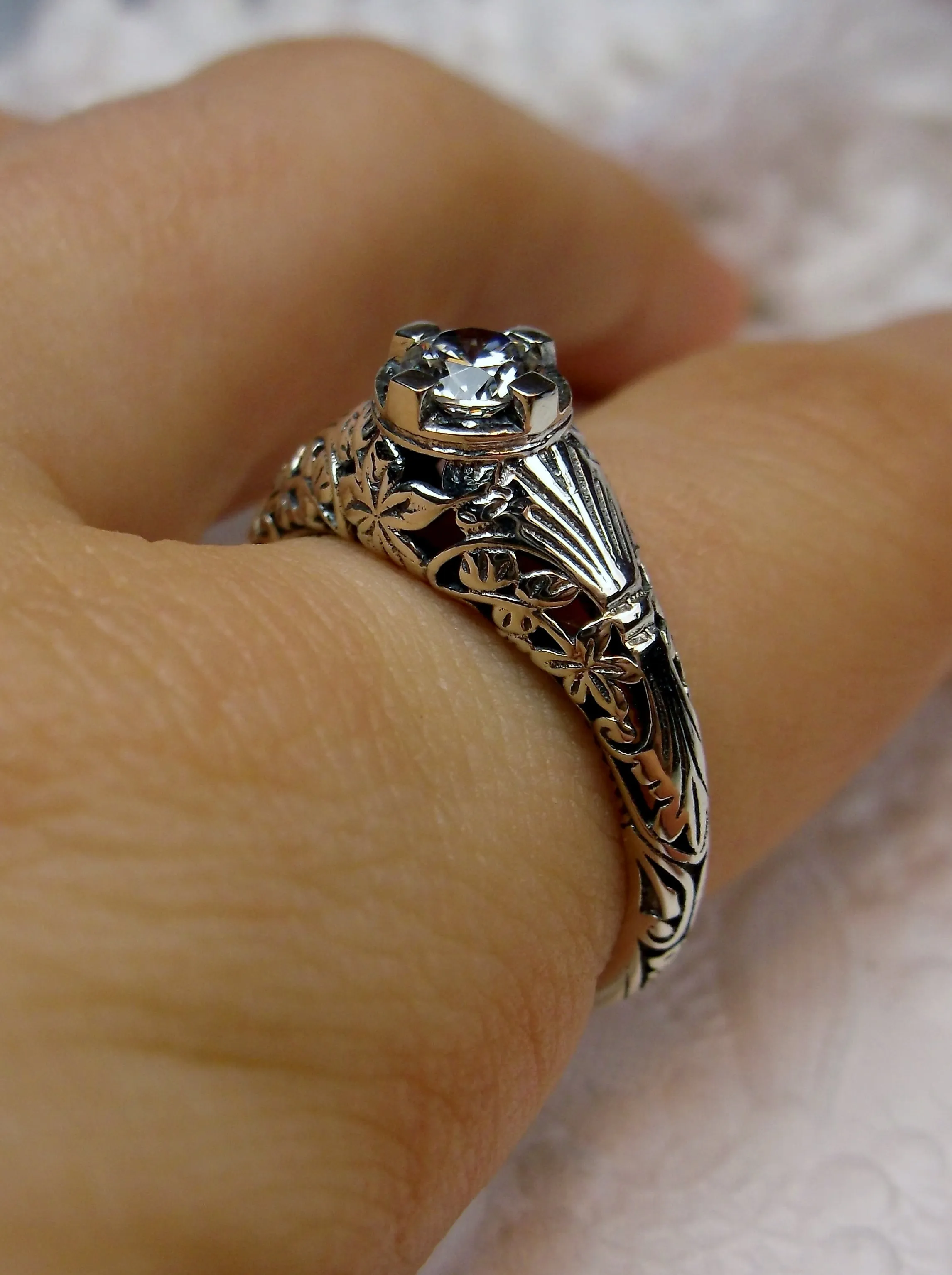 White Faux Diamond Ring, Floral Wedding Silver Filigree, Edwardian Jewelry #D154