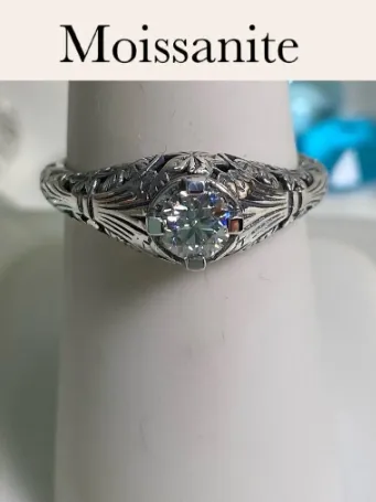 White Faux Diamond Ring, Floral Wedding Silver Filigree, Edwardian Jewelry #D154