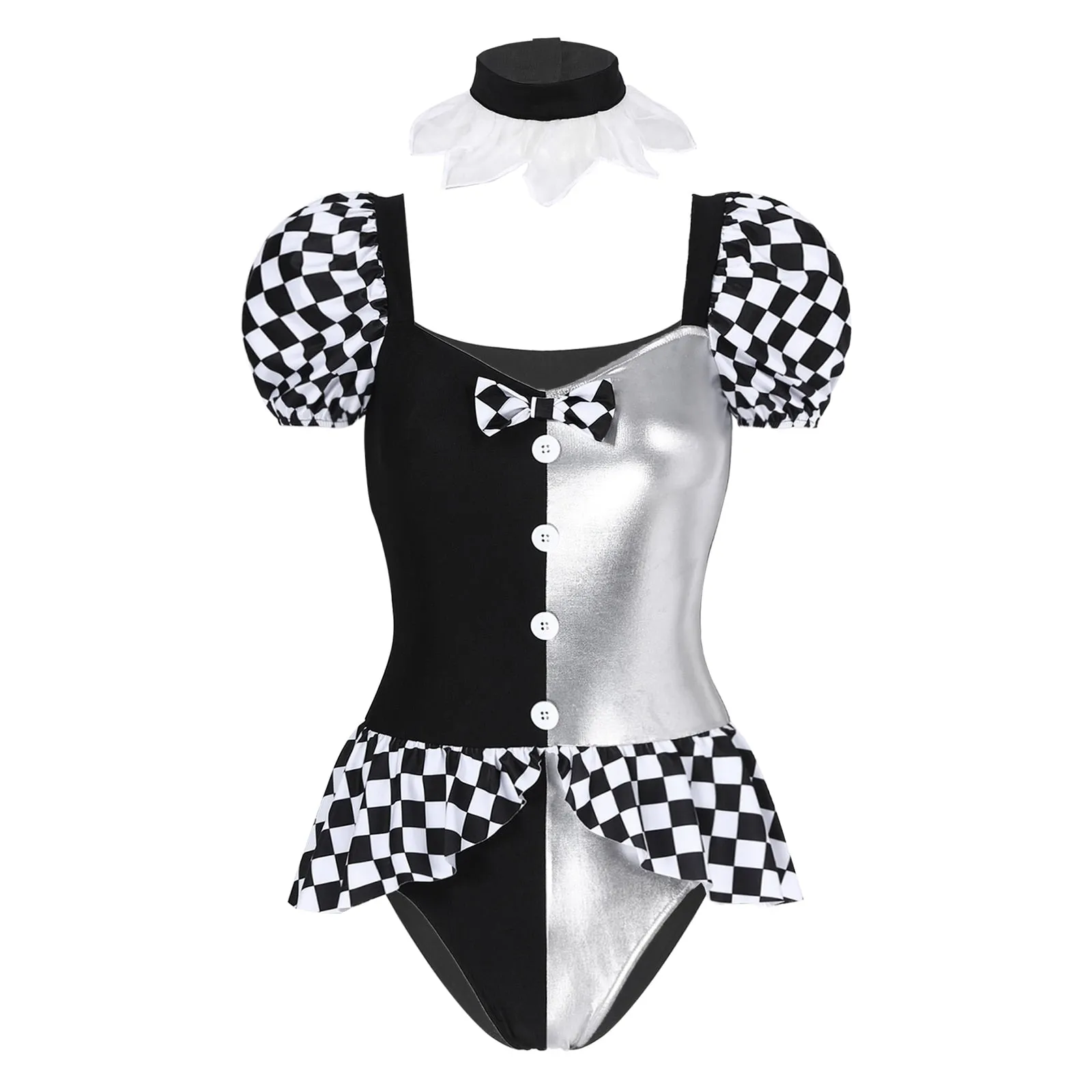 Womens Clown Cosplay Halloween Costume Puff Sleeve Clown Dress Layered Skirted Leotard with Neckwear Carnival Roleplay Outfit