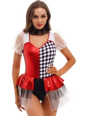 Womens Clown Cosplay Halloween Costume Puff Sleeve Clown Dress Layered Skirted Leotard with Neckwear Carnival Roleplay Outfit