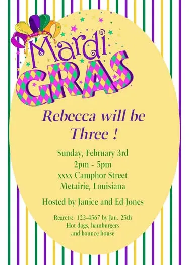 WORDS "MARDI GRAS" #2 CUSTOM INVITATION