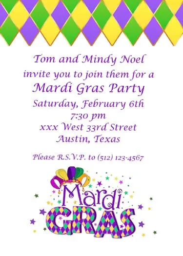 WORDS "MARDI GRAS" AND HARLEQUIN PATTERN CUSTOM INVITATION