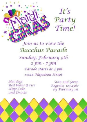 WORDS "MARDI GRAS" AND HARLEQUIN PATTERN CUSTOM INVITATION