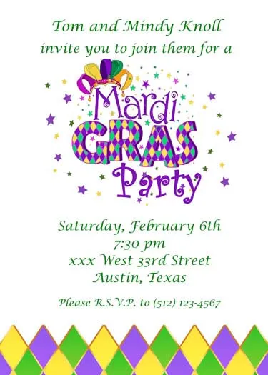 WORDS "MARDI GRAS" AND HARLEQUIN PATTERN CUSTOM INVITATION