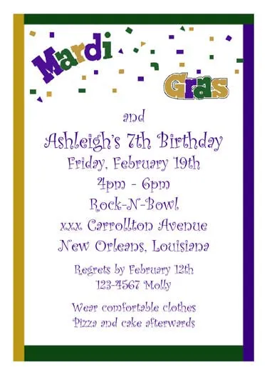 WORDS "MARDI GRAS" CUSTOM INVITATION