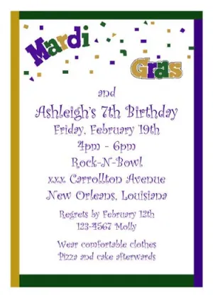 WORDS "MARDI GRAS" CUSTOM INVITATION