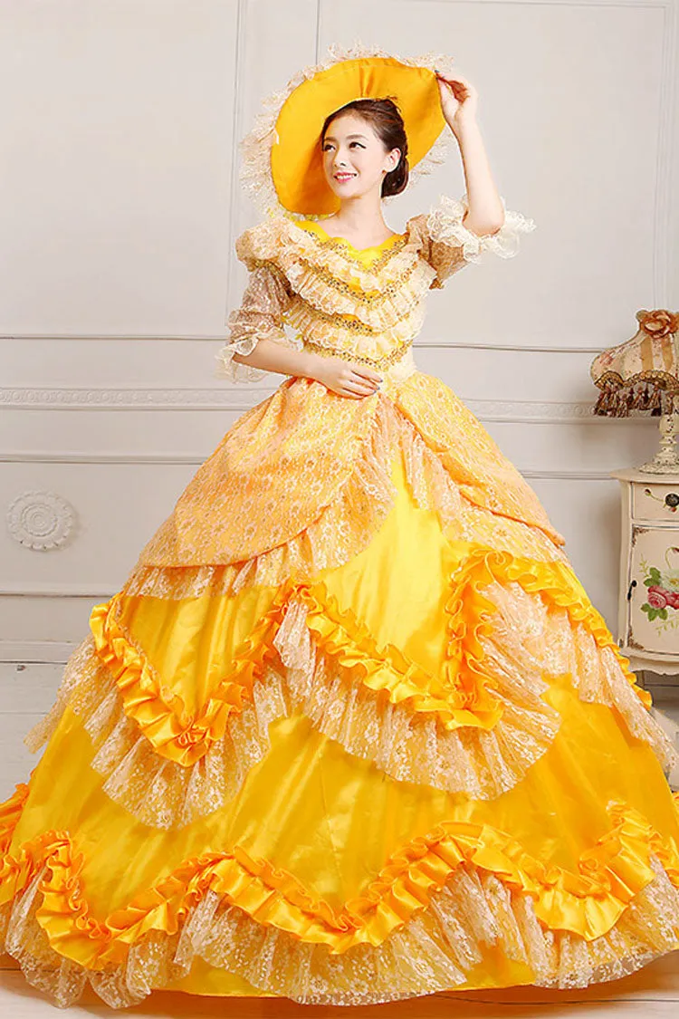 Yellow High Waisted Ruffled Multi-Layer Lace Stitching Victorian Lolita Prom Dress